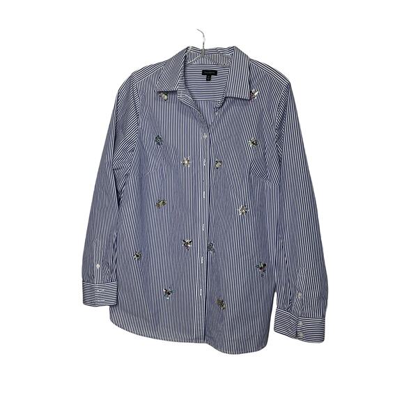 Talbots striped button down blouse rhinestone flowers and insect hand beaded. M - Picture 11 of 11